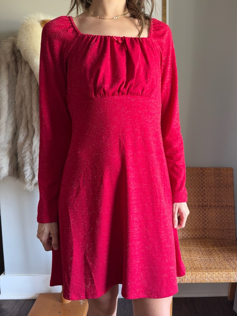 Lily Rose Red Sparkling Long-Sleeve Square-Neck Dress